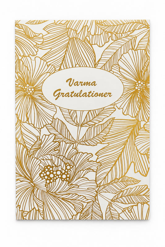 Gratulationskort med guldfärgat blommönster och texten Varma Gratulationer
