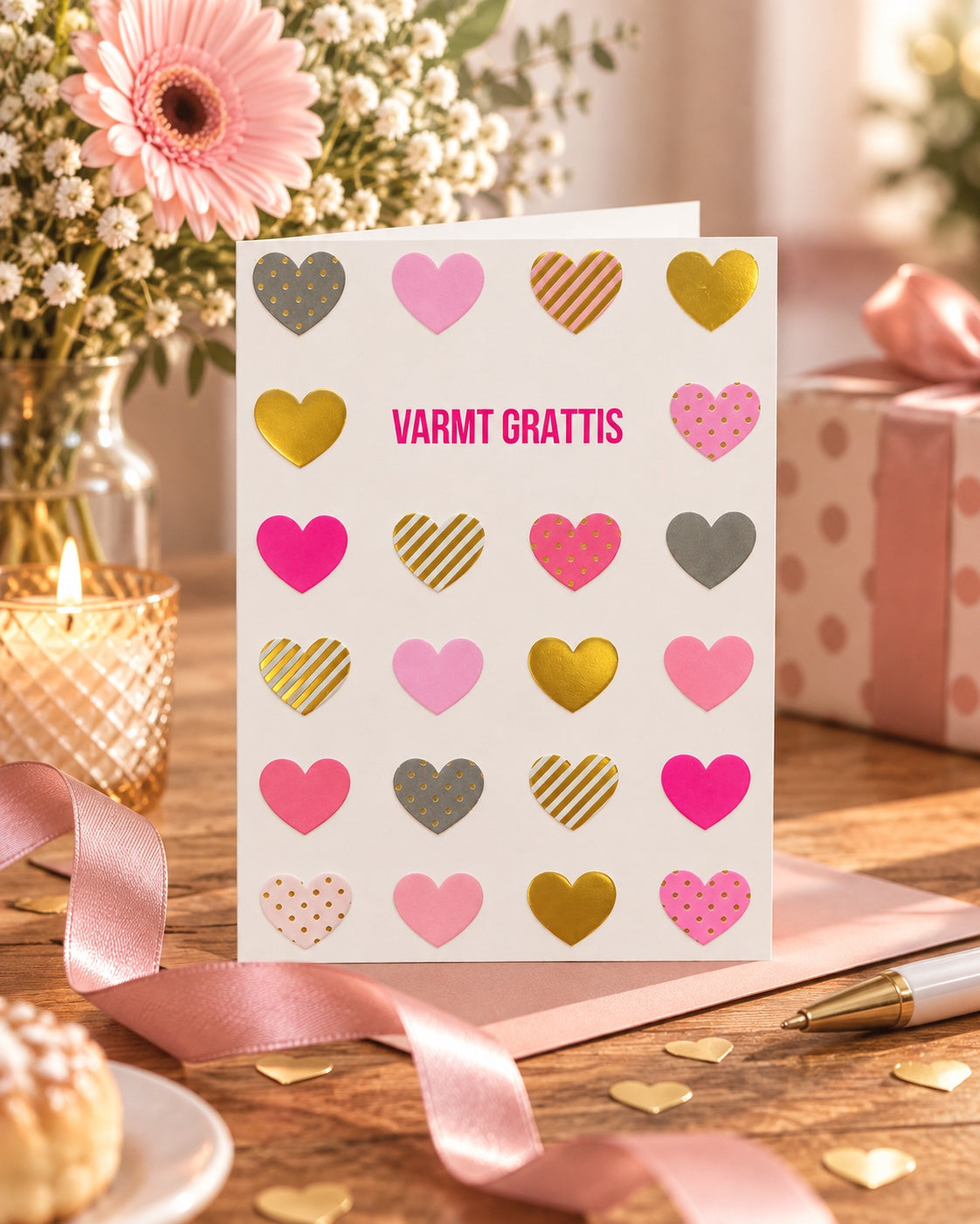 Gratulationskort Varmt grattis med hjärtan – lifestylebild