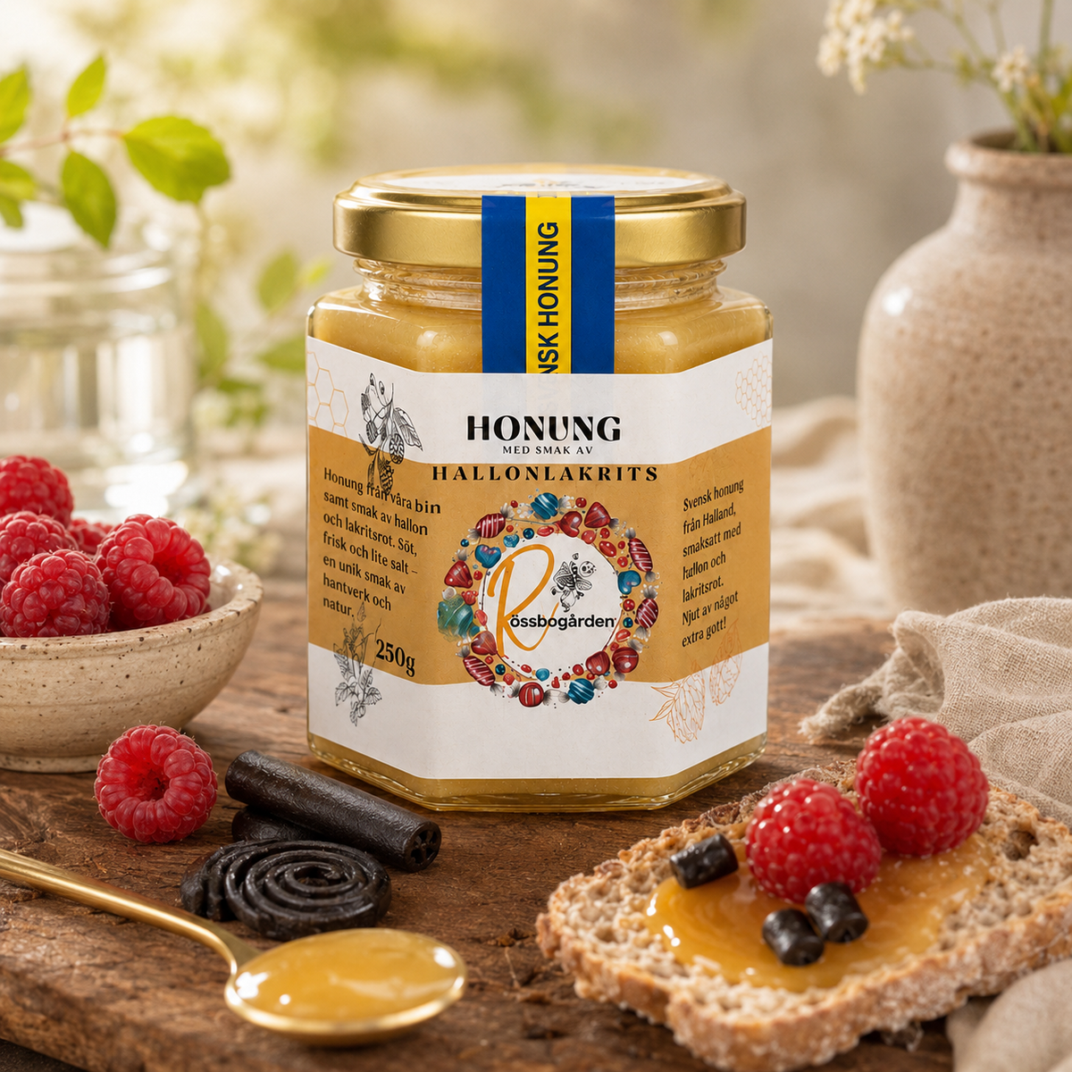 Lifestylebild på Rössbogården honung med smak av hallonlakrits, med hallon, lakrits och bröd