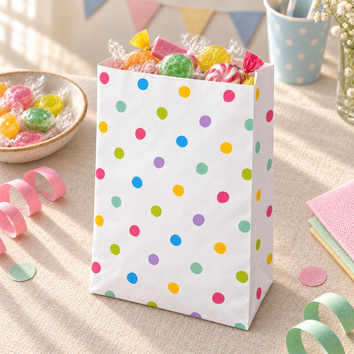 Kalaspåse Party Dots fylld med godis som inspiration