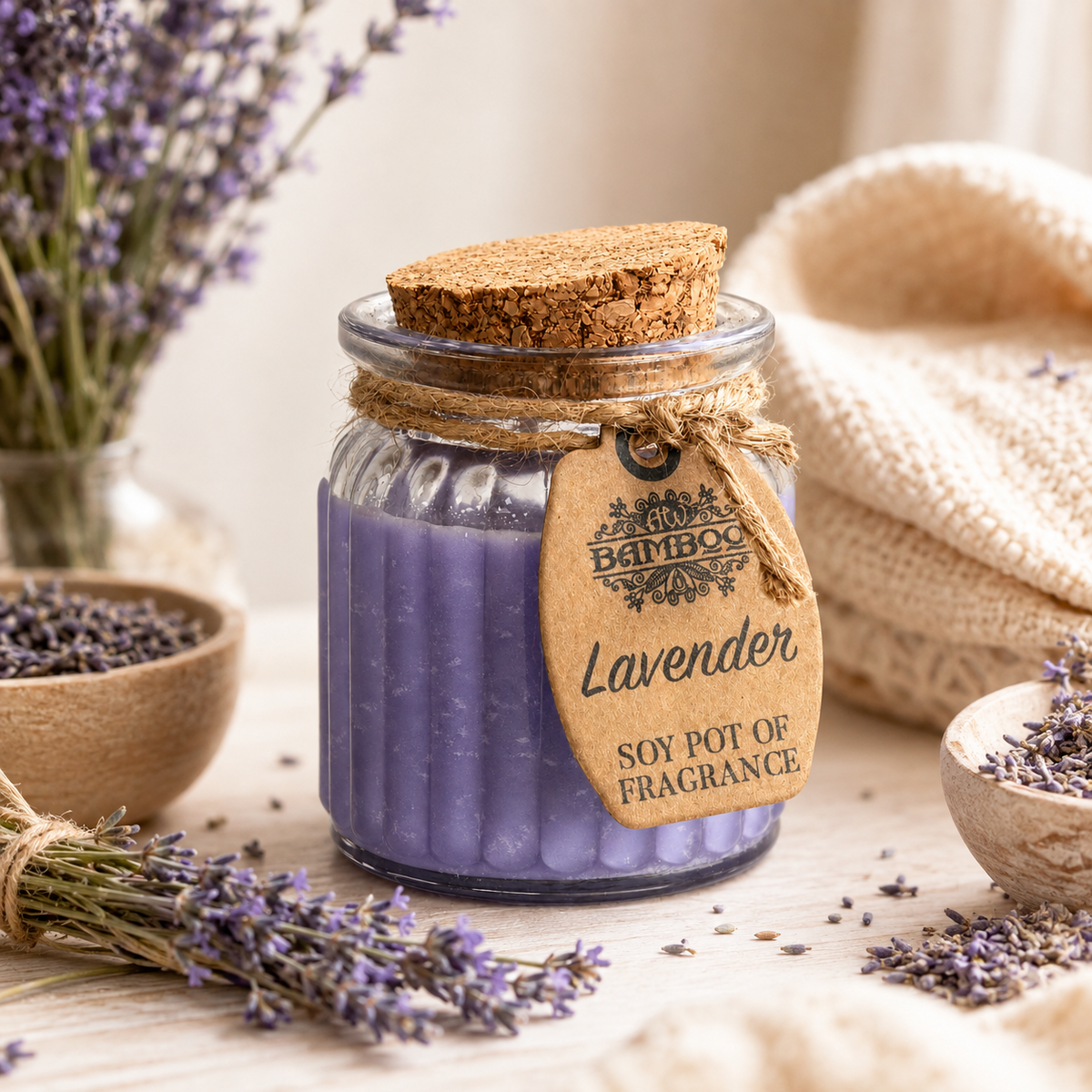 Lavender doftljus i varm lifestylemiljö med lavendel