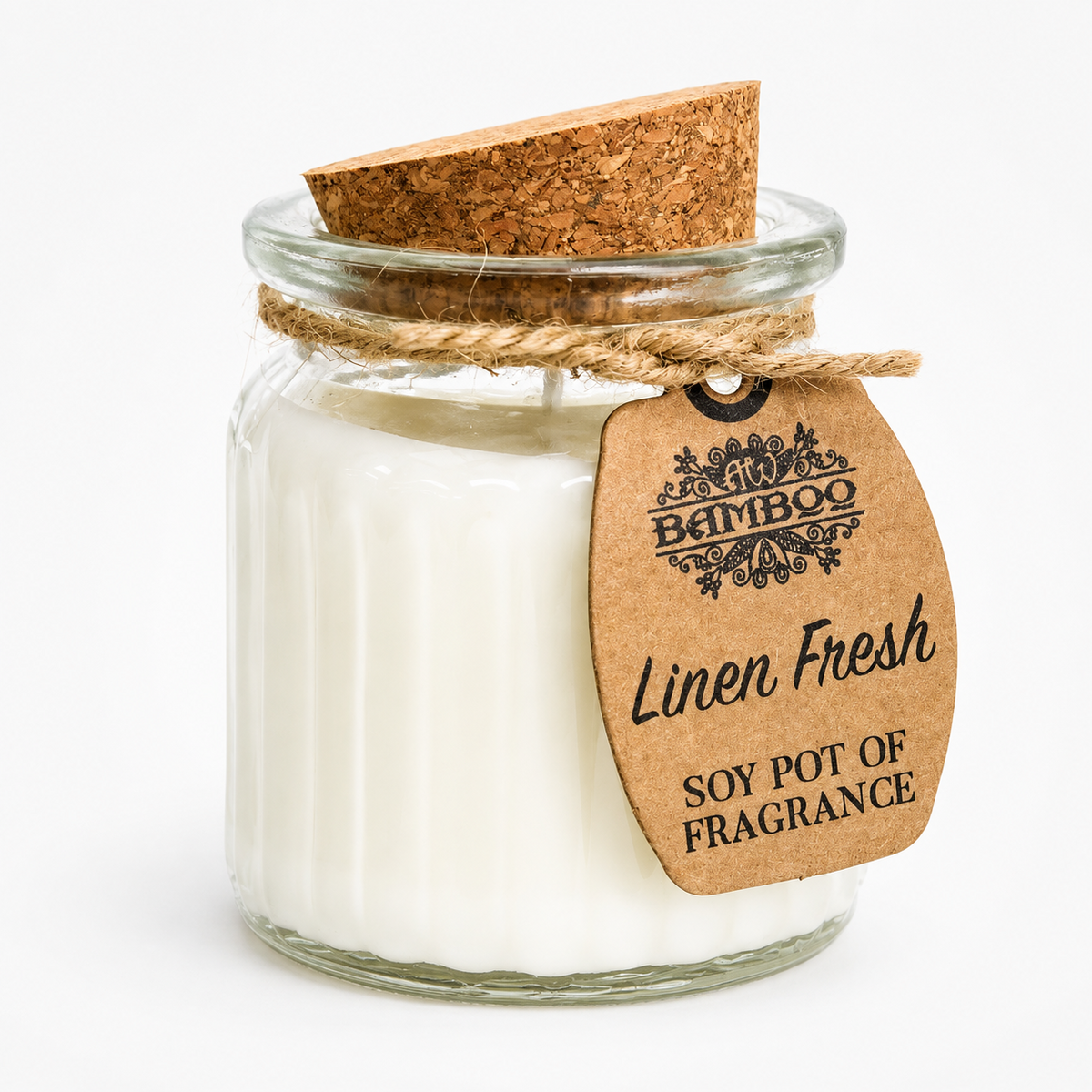 Linen Fresh doftljus i vit glasburk med korklock