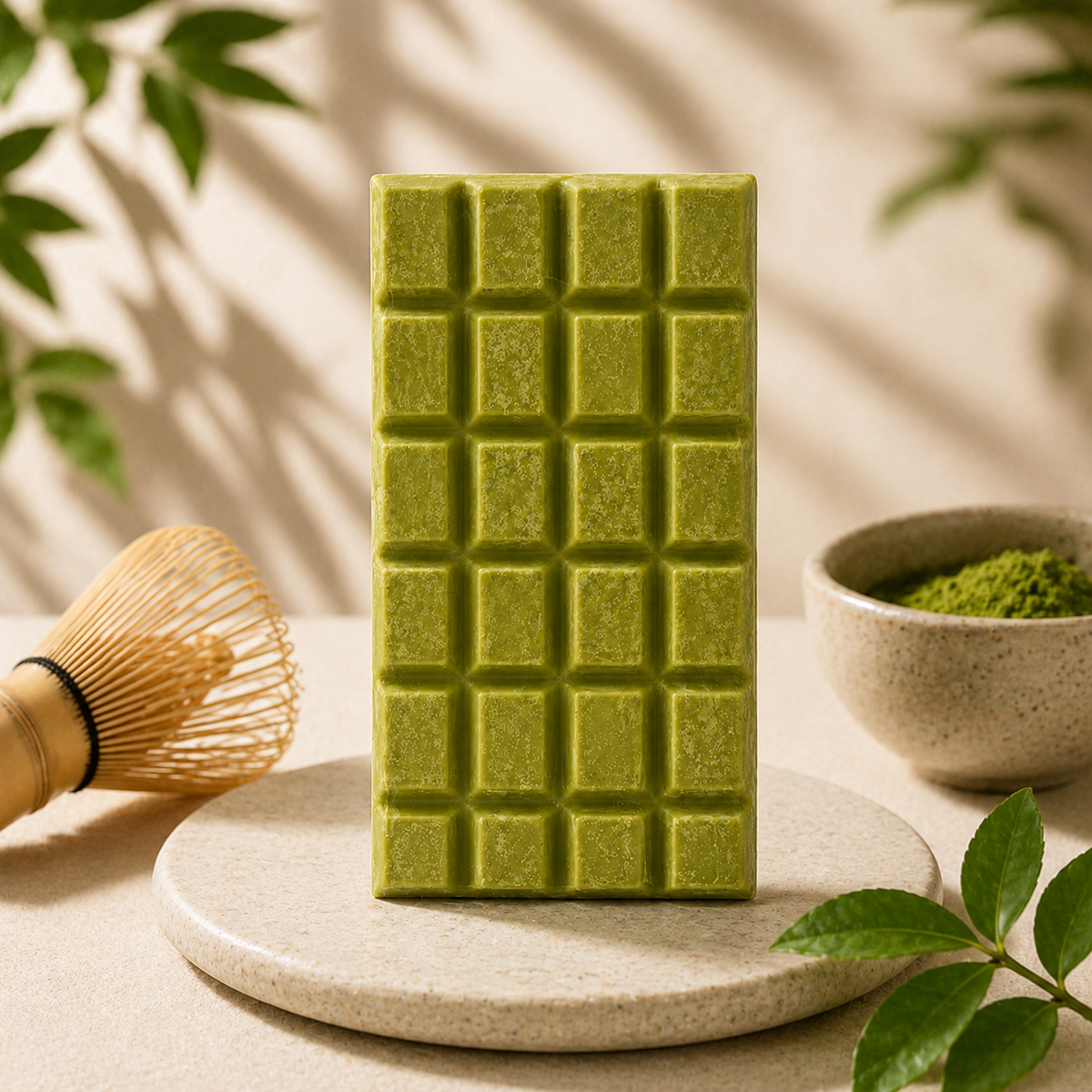 Matchachoklad med matcha i varm lifestylemiljö