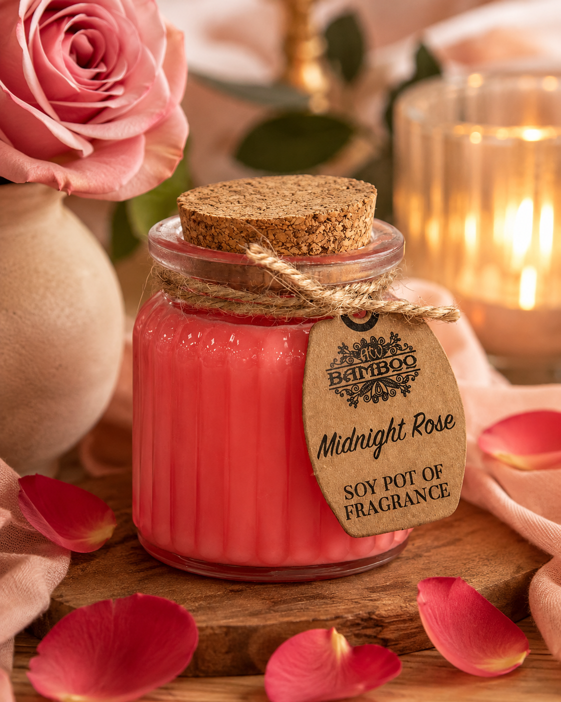 Midnight Rose doftljus i varm lifestylemiljö med rosor och rosenblad