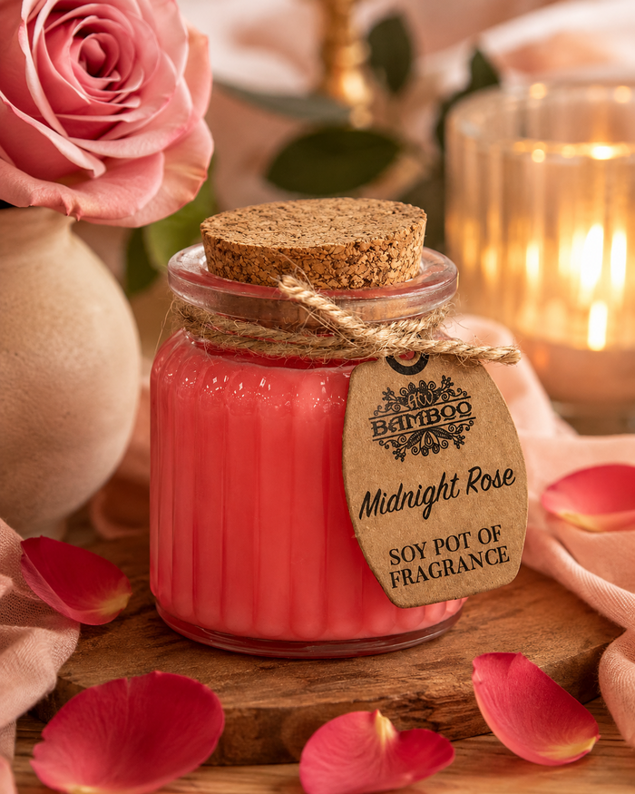 Midnight Rose doftljus i varm lifestylemiljö med rosor och rosenblad