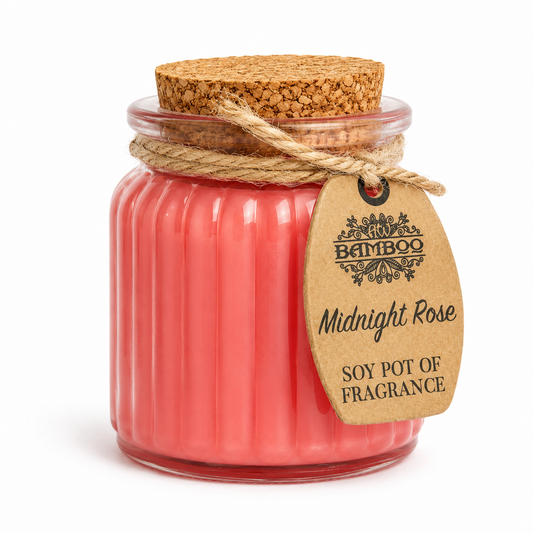 Midnight Rose doftljus i rödrosa glasburk med korklock