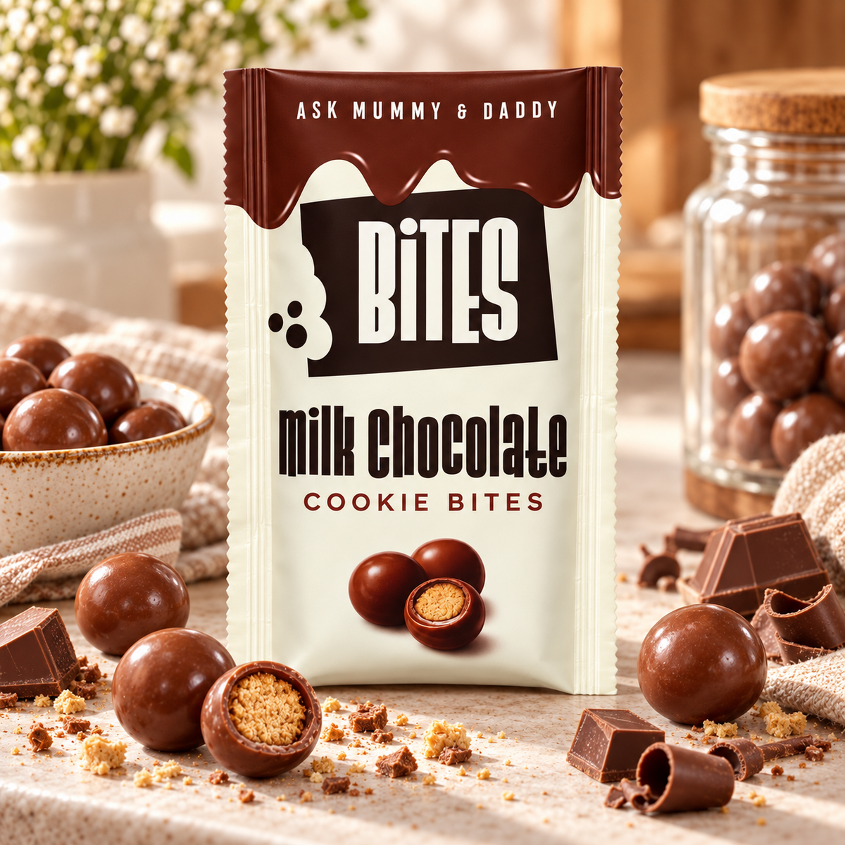 Ask Mummy & Daddy Milk Chocolate Cookie Bites – lifestylebild med mjölkchoklad