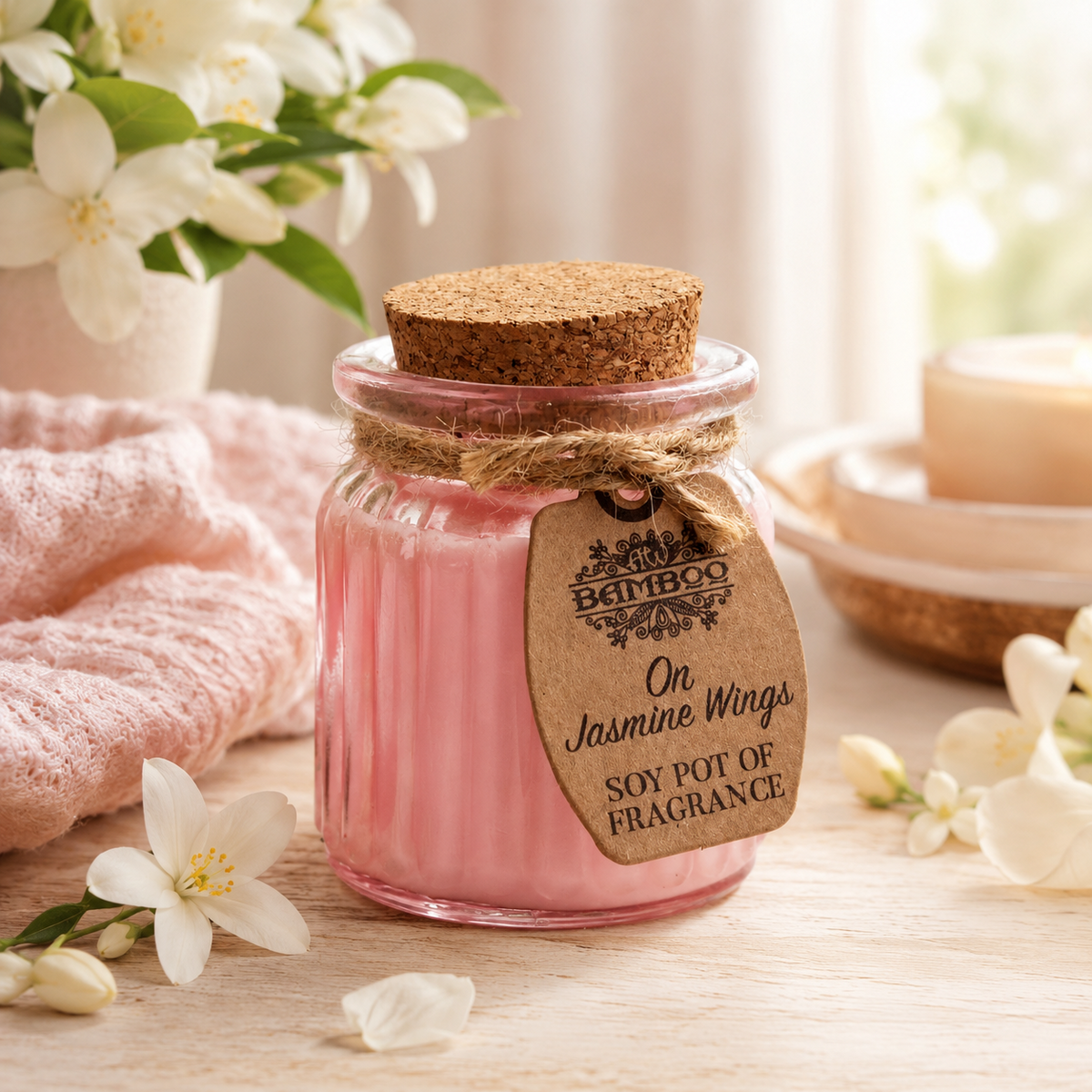 On Jasmine Wings doftljus i varm lifestylemiljö med jasminblommor