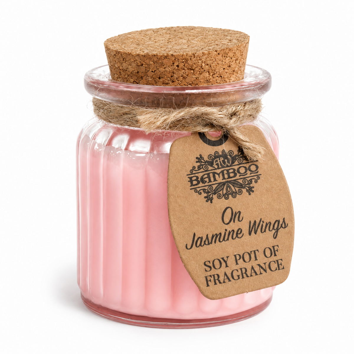 On Jasmine Wings doftljus i rosa glasburk med korklock