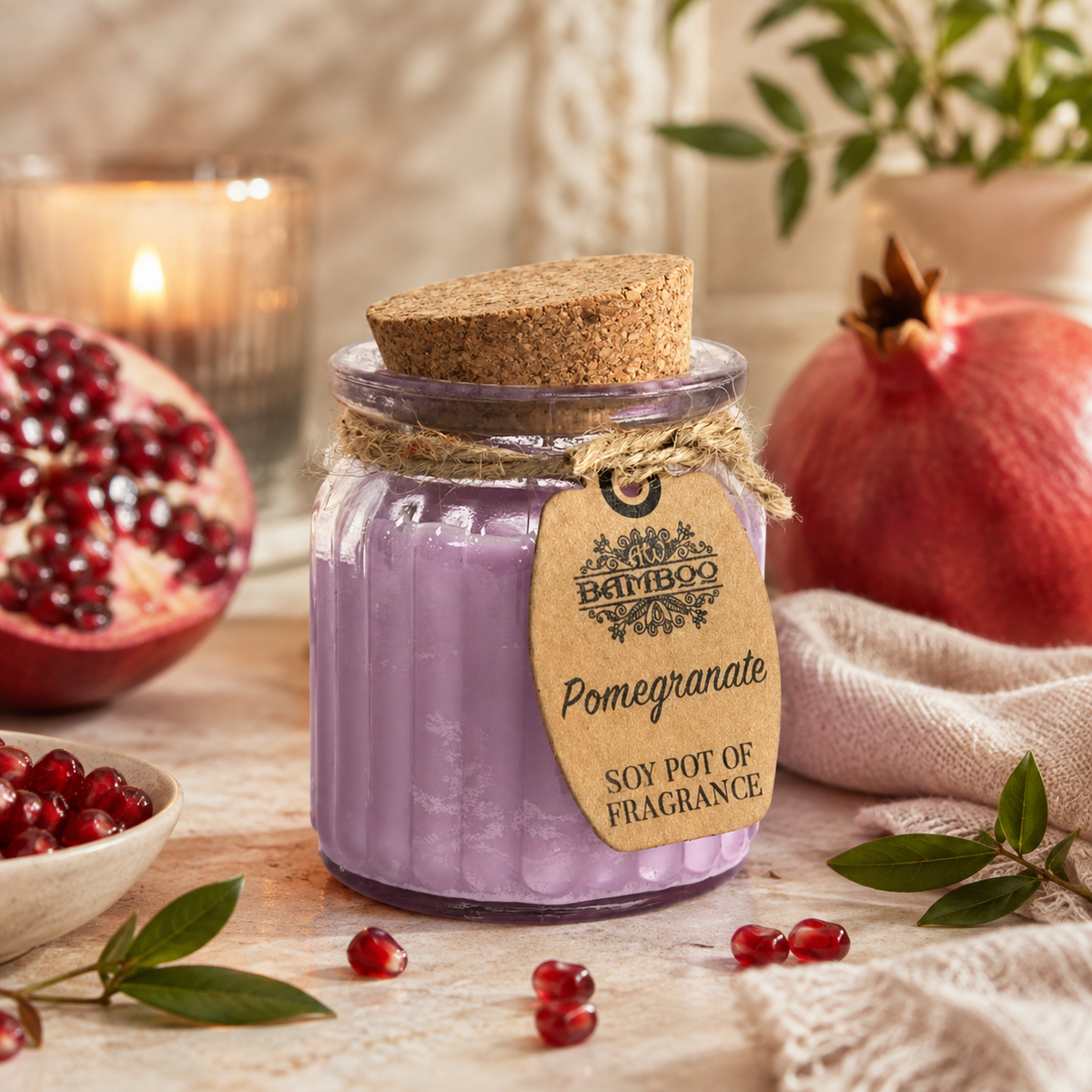Pomegranate doftljus i varm lifestylemiljö med granatäpple