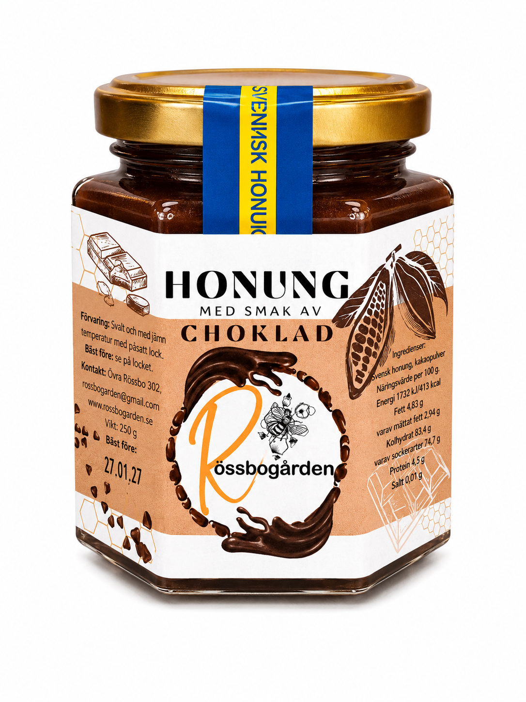 Honung med smak av choklad från Rössbogården, 250 g, mot vit bakgrund