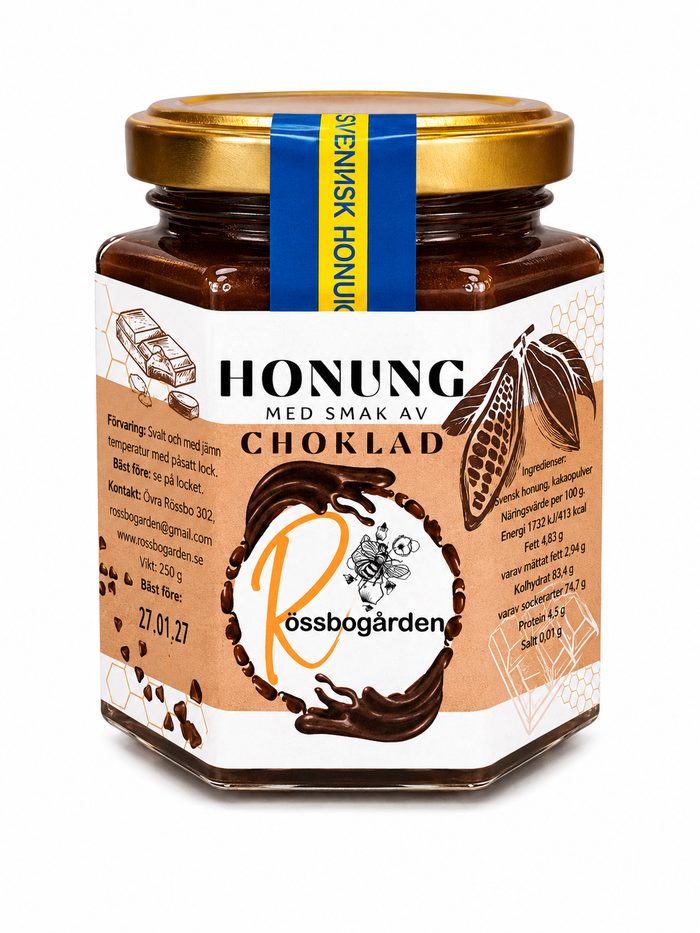 Honung med smak av choklad från Rössbogården, 250 g, mot vit bakgrund