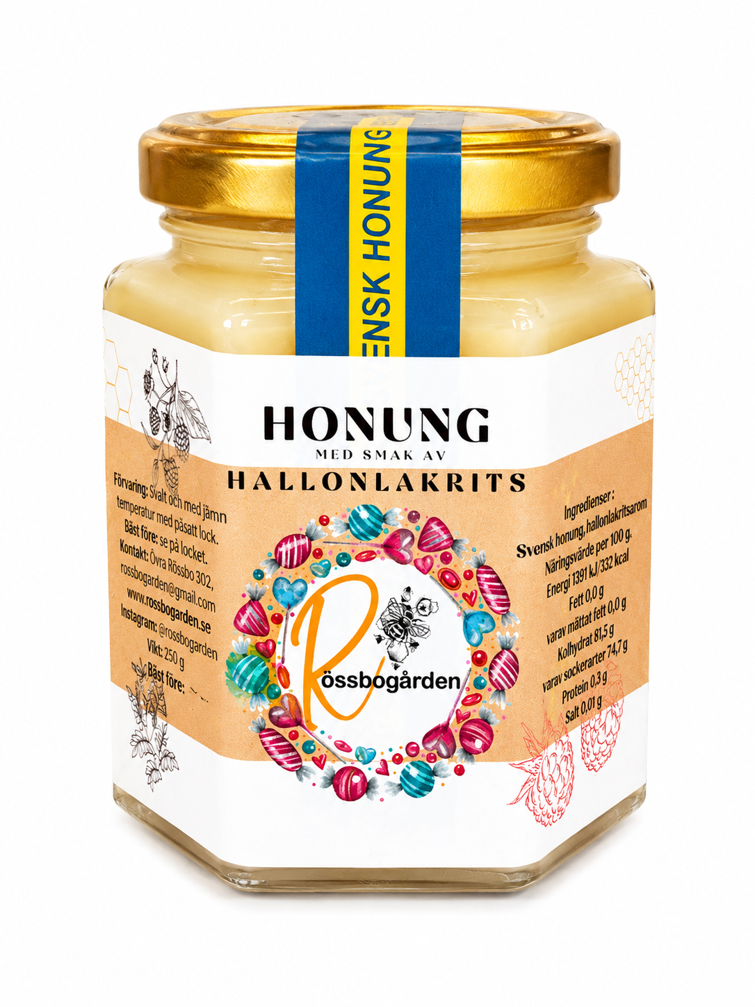 Honung med smak av hallonlakrits från Rössbogården, 250 g, mot vit bakgrund