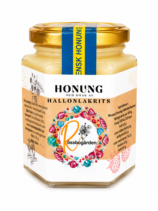 Honung med smak av hallonlakrits från Rössbogården, 250 g, mot vit bakgrund