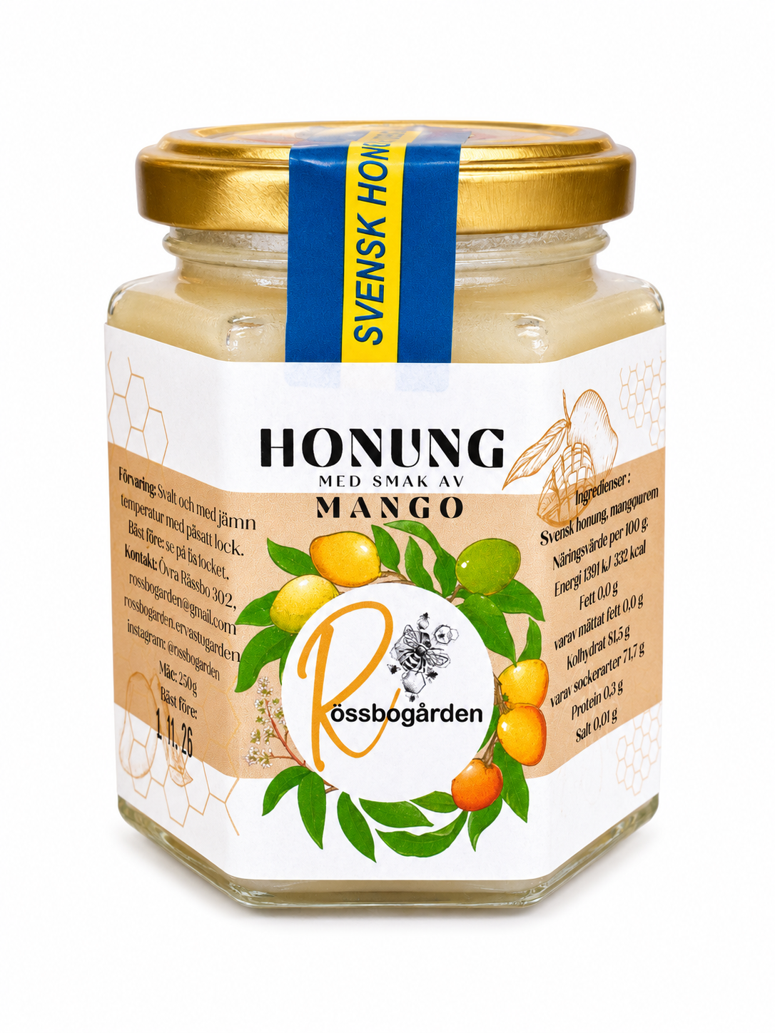 Honung med smak av mango från Rössbogården, 250 g, mot vit bakgrund