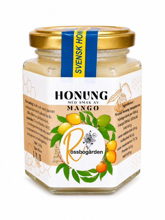 Honung med smak av mango från Rössbogården, 250 g, mot vit bakgrund