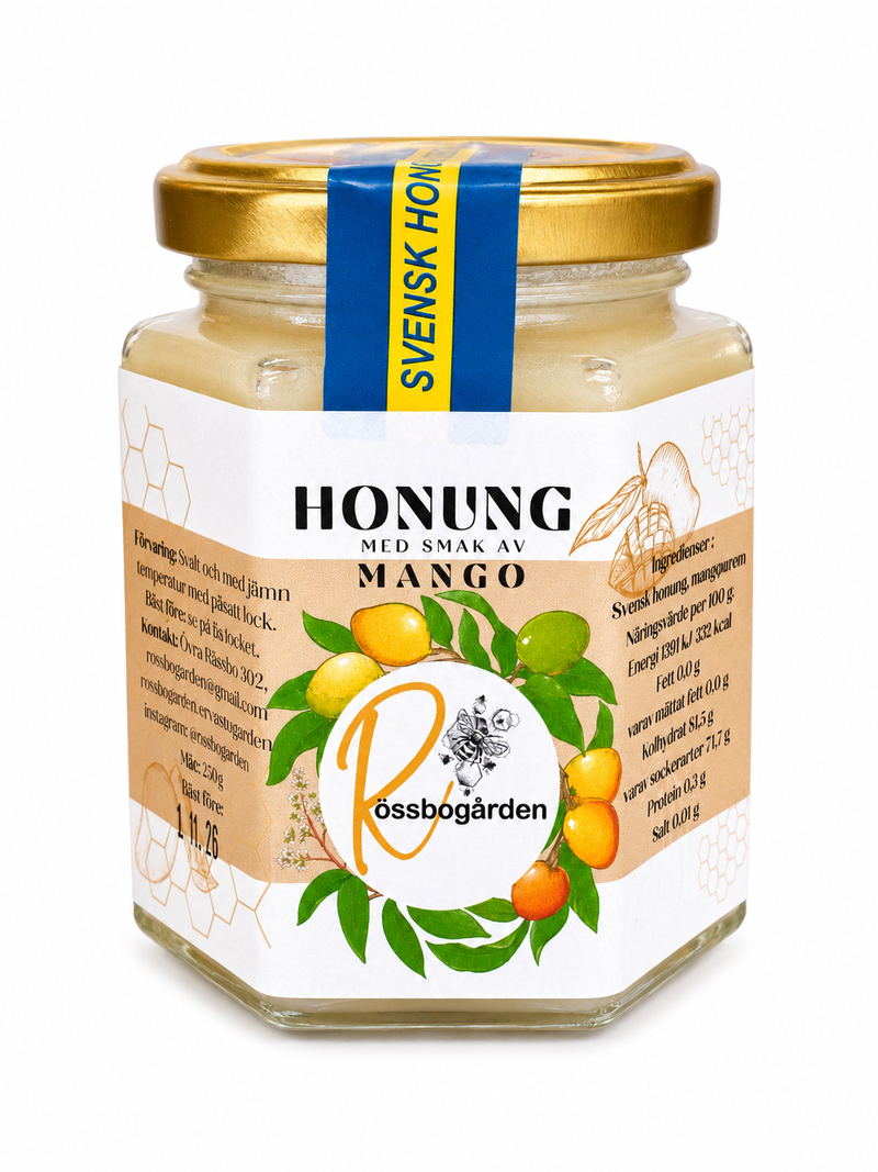 Honung med smak av mango från Rössbogården, 250 g, mot vit bakgrund