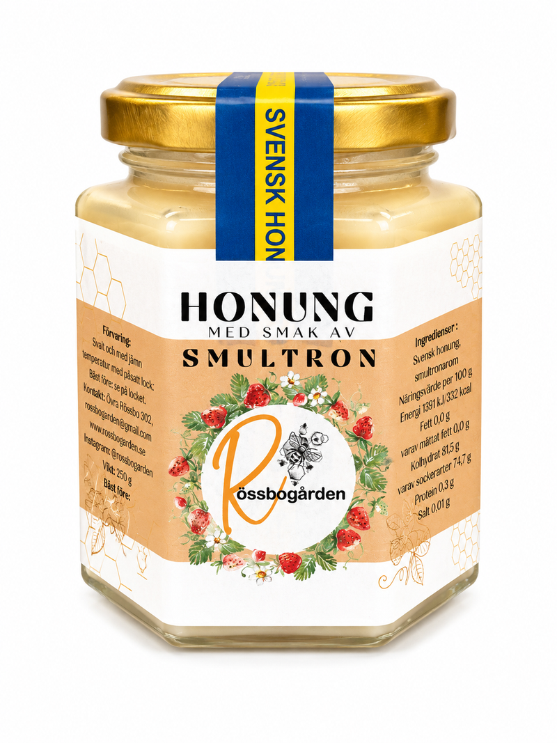 Honung med smak av smultron från Rössbogården, 250 g, mot vit bakgrund