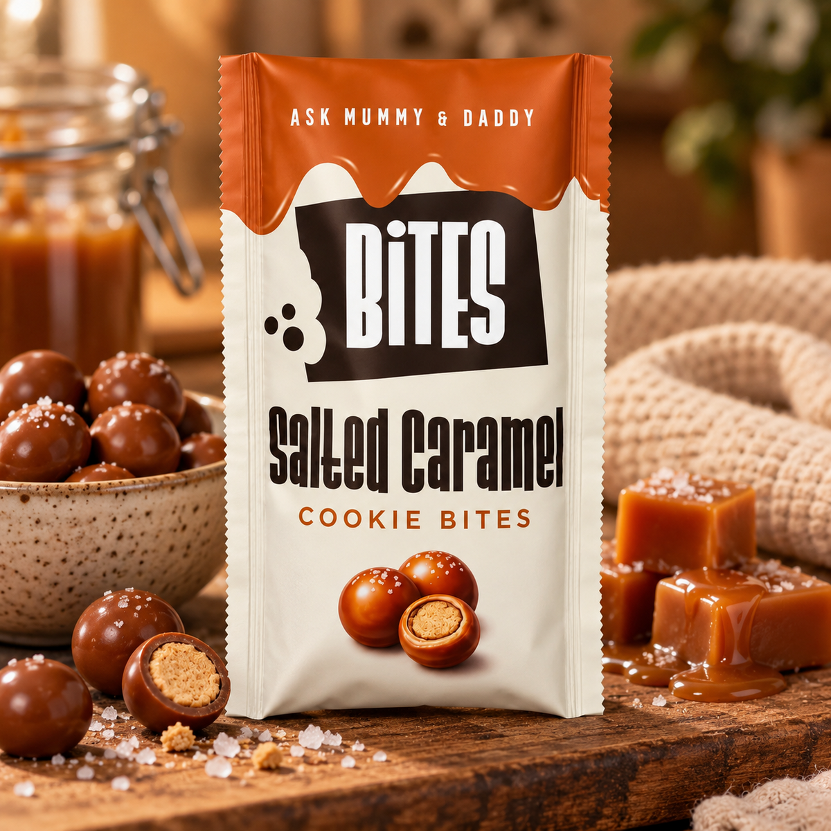 Salted Caramel Cookie Bites 30 g med karamell och havssalt – lifestylebild