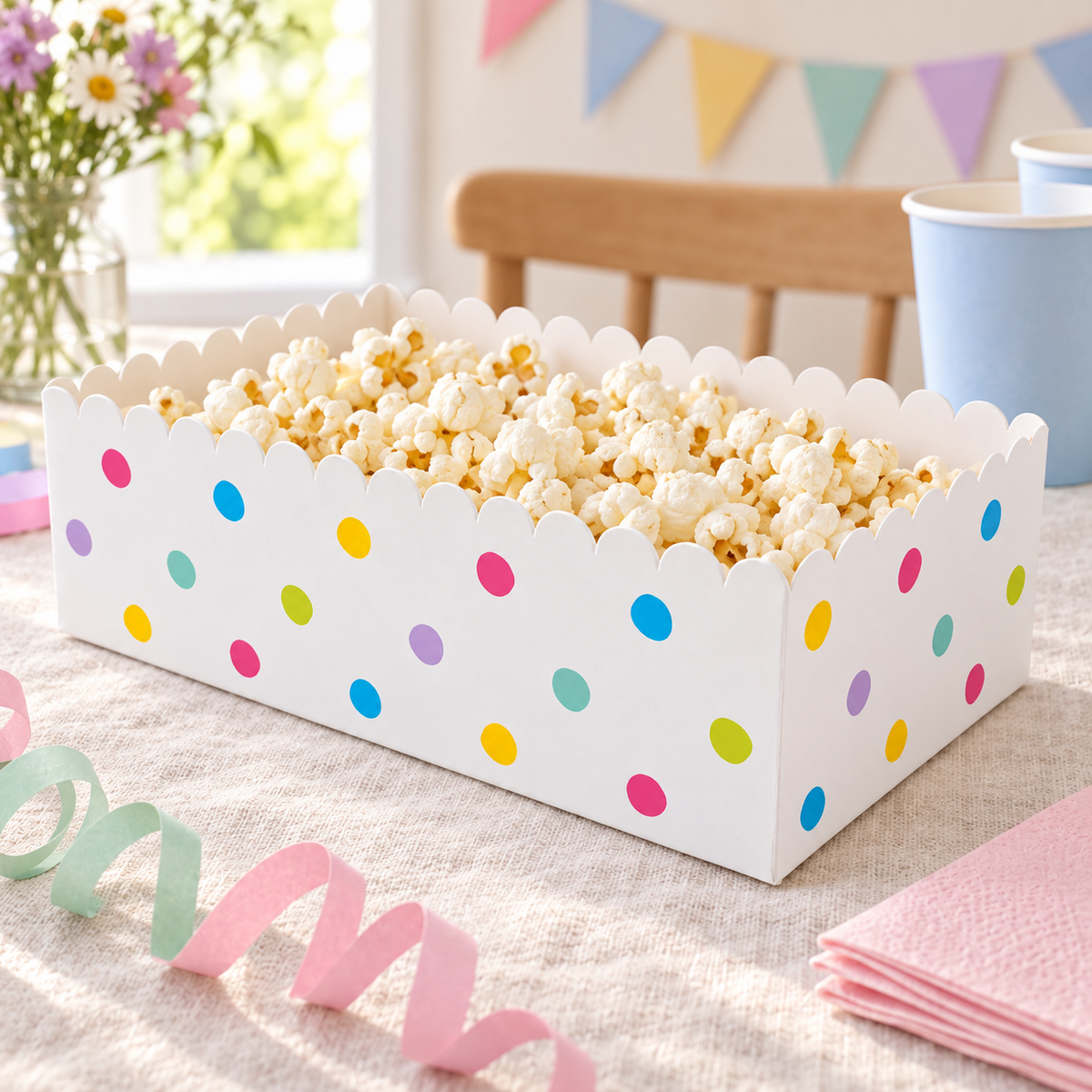 Snacksskål Party Dots med popcorn på kalasbord