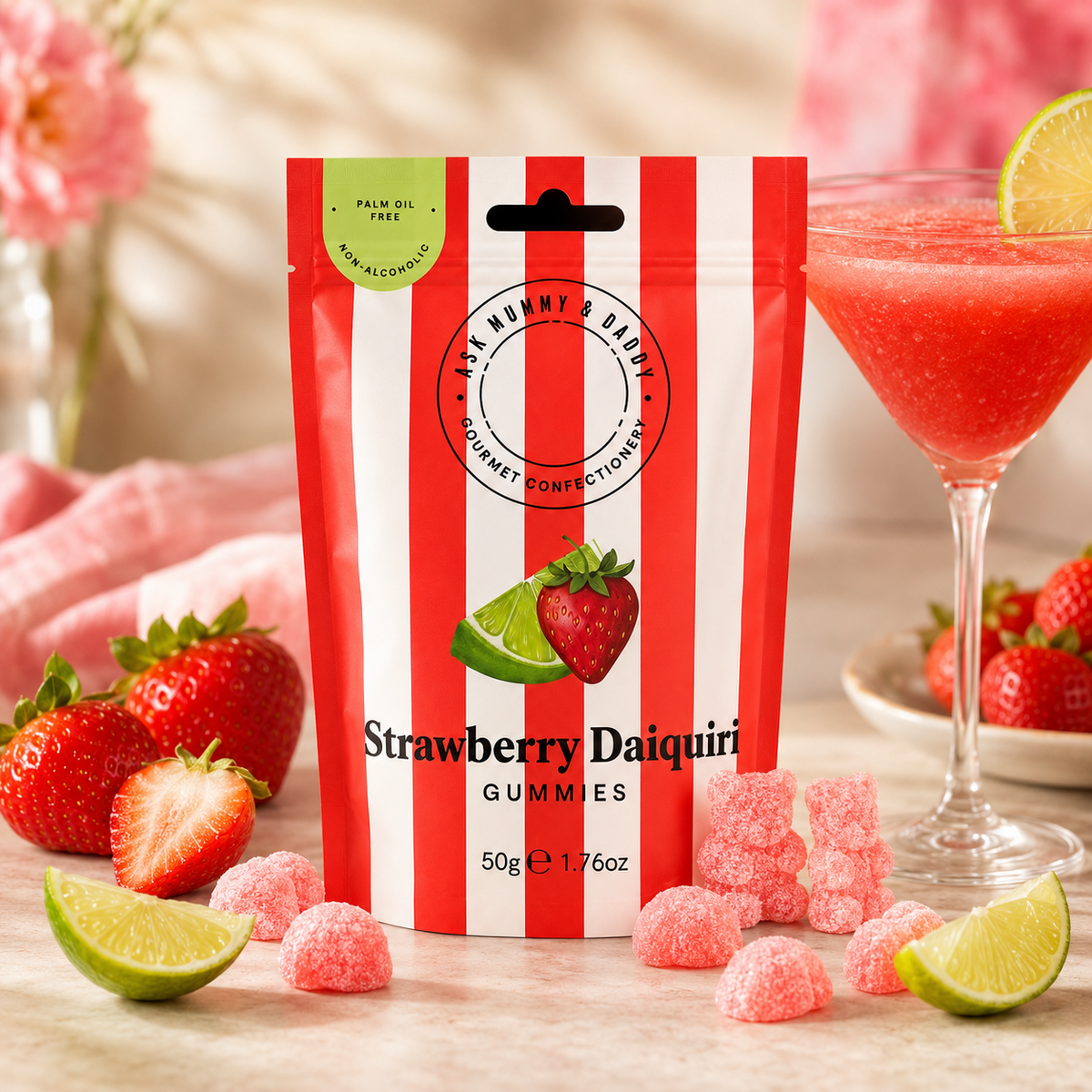 Strawberry Daiquiri Gummies 50 g – lifestylebild med jordgubbar och lime
