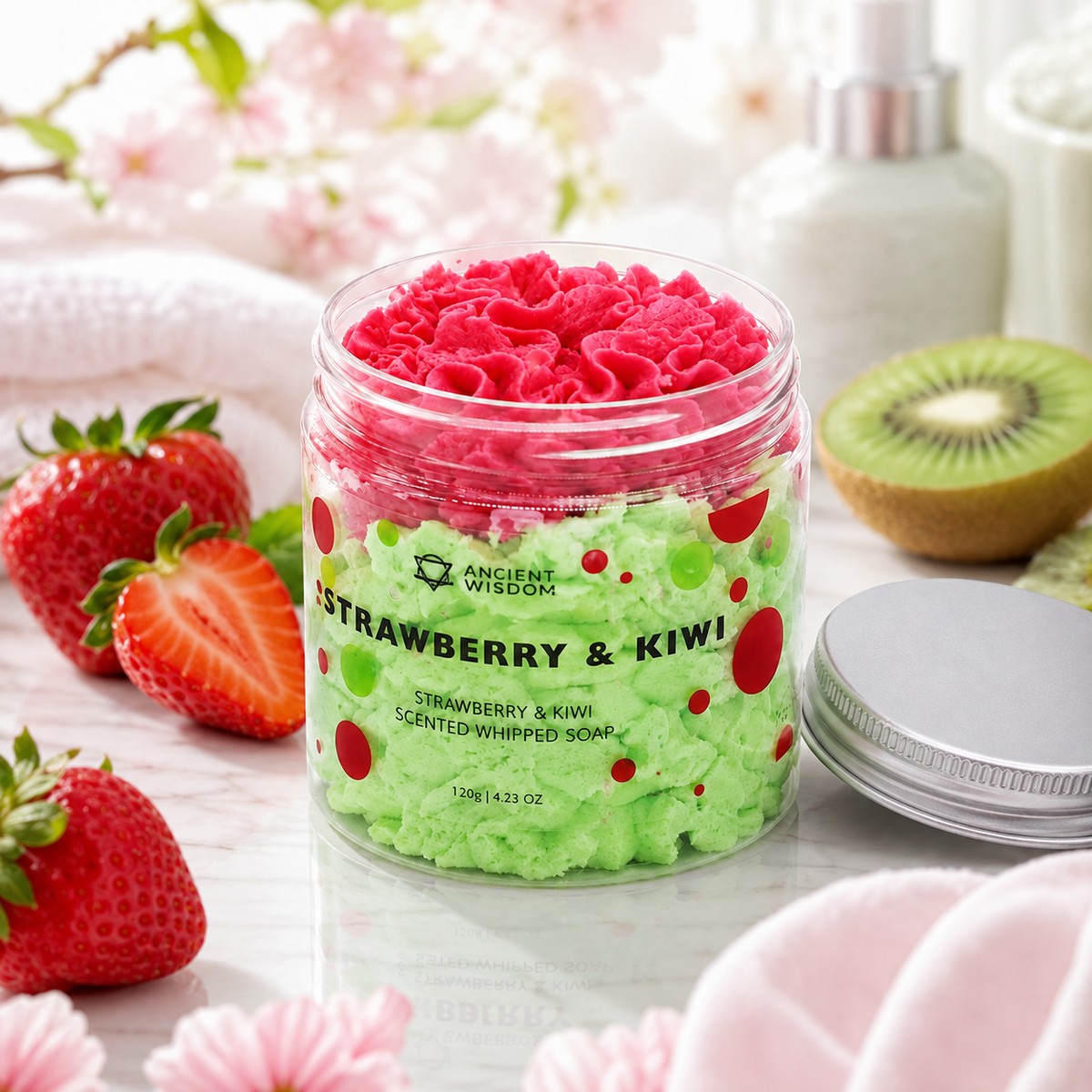 Strawberry & Kiwi whipped cream soap i badrumsmiljö