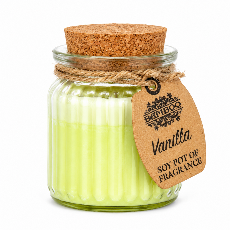 Vanilla doftljus i ljusgrön glasburk med korklock