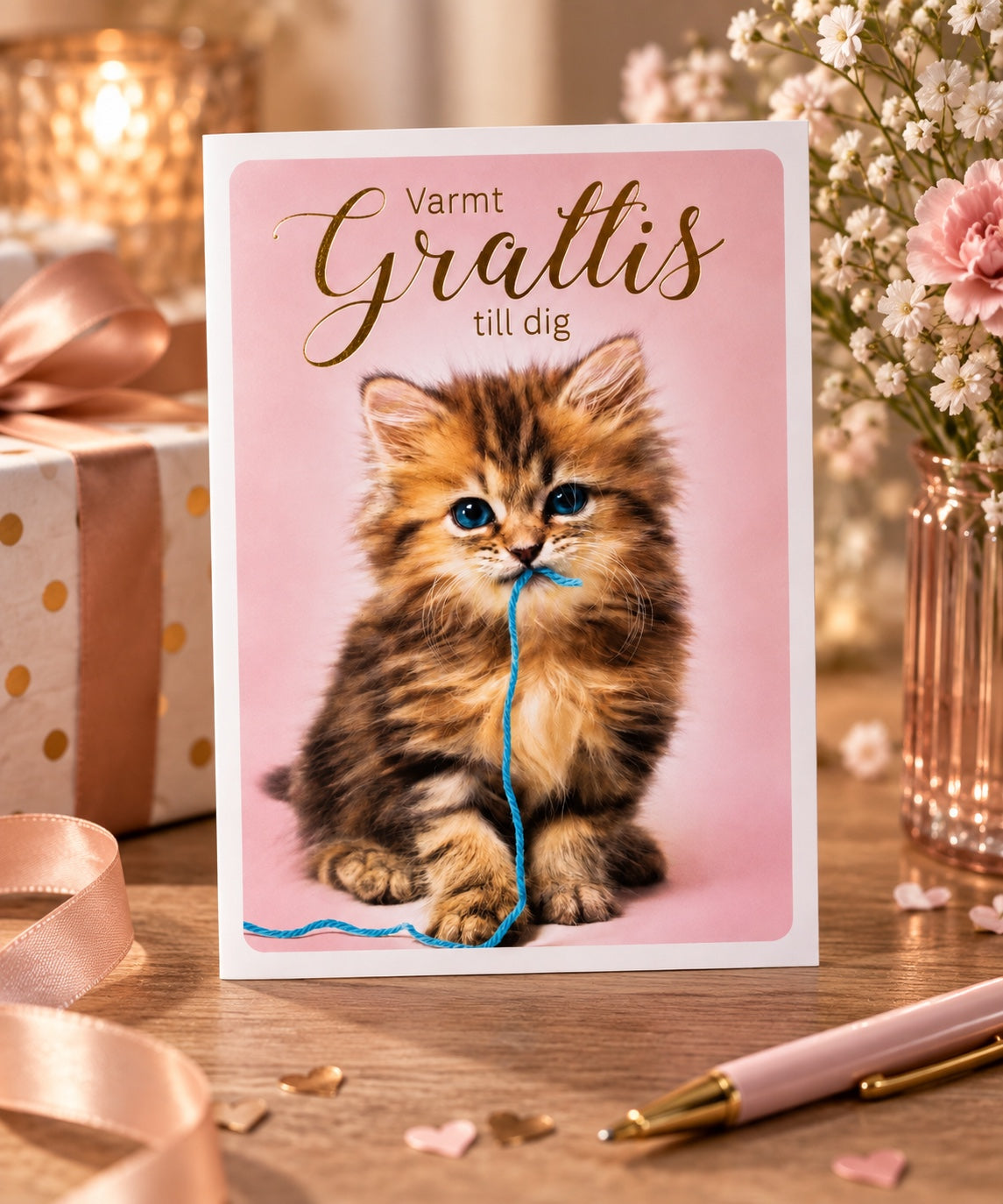 Lifestylebild av gratulationskort Varmt Grattis till dig med katt
