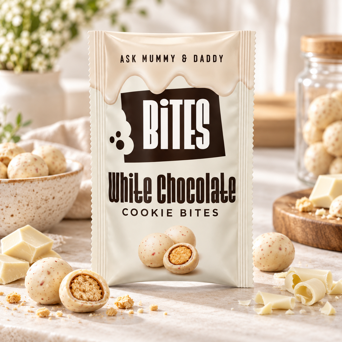 White Chocolate Cookie Bites – lifestylebild med vit choklad