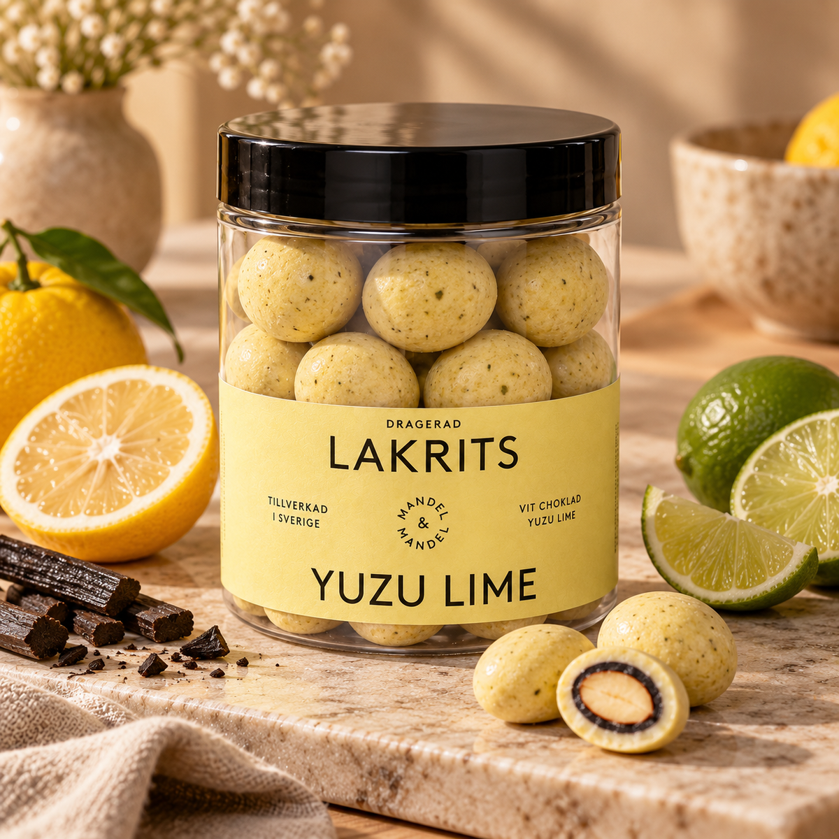 Yuzu Lime Lakrits Mandlar i vit choklad 135 g – lifestylebild